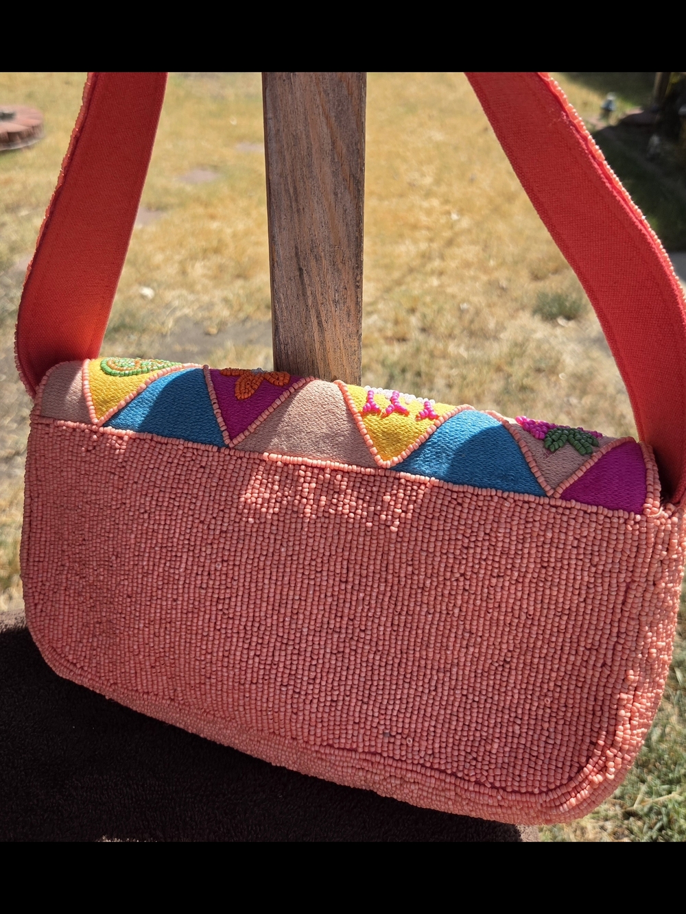 Embroidered Multicolor Beaded Clutch Handbag - Vibrant Pink & Orange - Picture 2 of 3